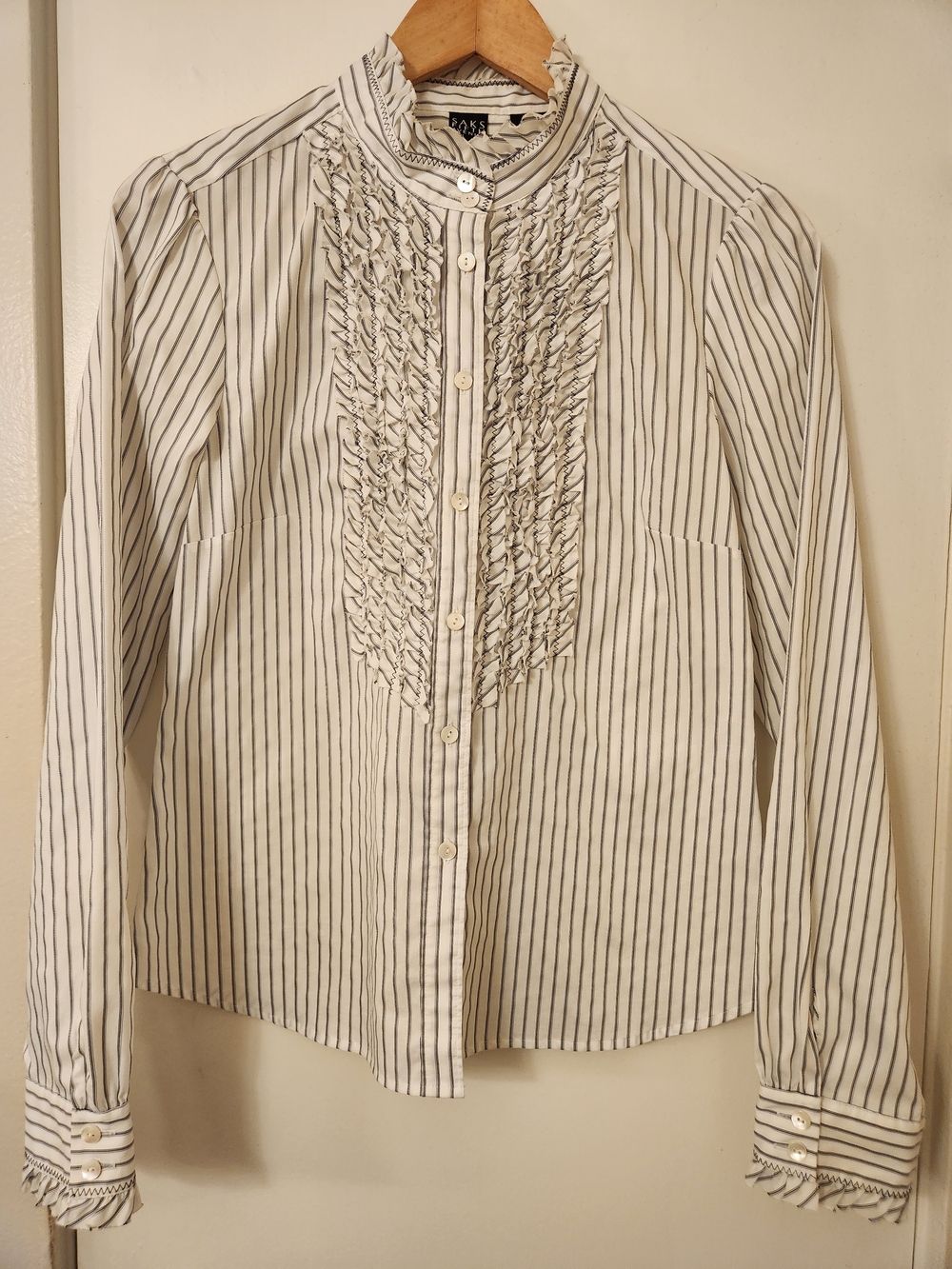 Saks Fifth Avenue White Button-Down Blouse with Black Pinstripes and Ruffle Bib